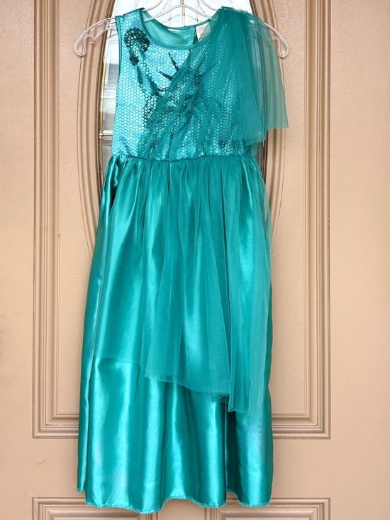 TJX Other - Girls Teal Blue Statue Of Liberty Dress Gown Size M Satin Tulle Sequins Costume